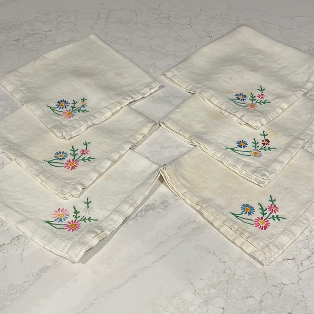 Vintage Embroidered Linen Floral Napkins Set of 6